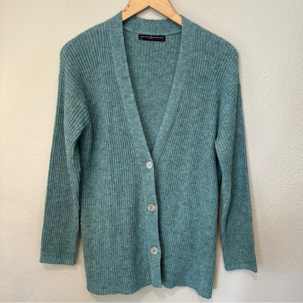 Peruvian Connection Ribbed Boyfriend Cardian in Teal - Picture 2 of 9